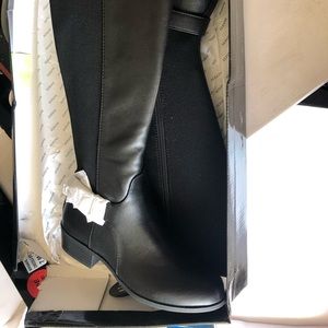 ALFANI WOMENS KALLUMM FABRIC ALMOND TOE KNEE HIGH FASHION BOOTS, BLACK Wide Calf